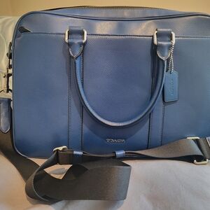 Coach Men's Navy Blue Leather Laptop Briefcase with Detachable Strap